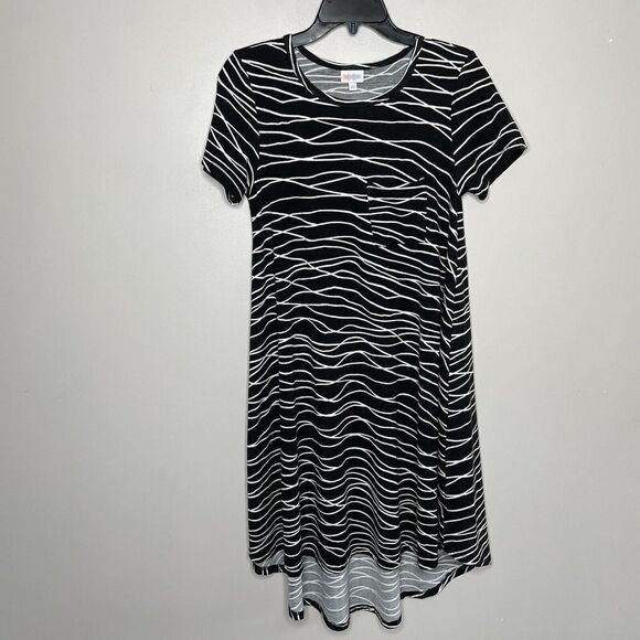 LULAROE Carly Dress Womens XS Black Stripe Swing T-Shirt High-Low Shift Stretch - Picture 1 of 6